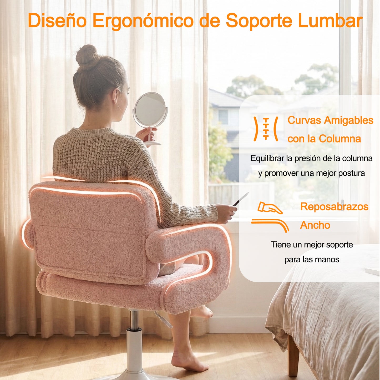 Silla Giratoria Ajustable con Brazos y Base Redonda Rosa