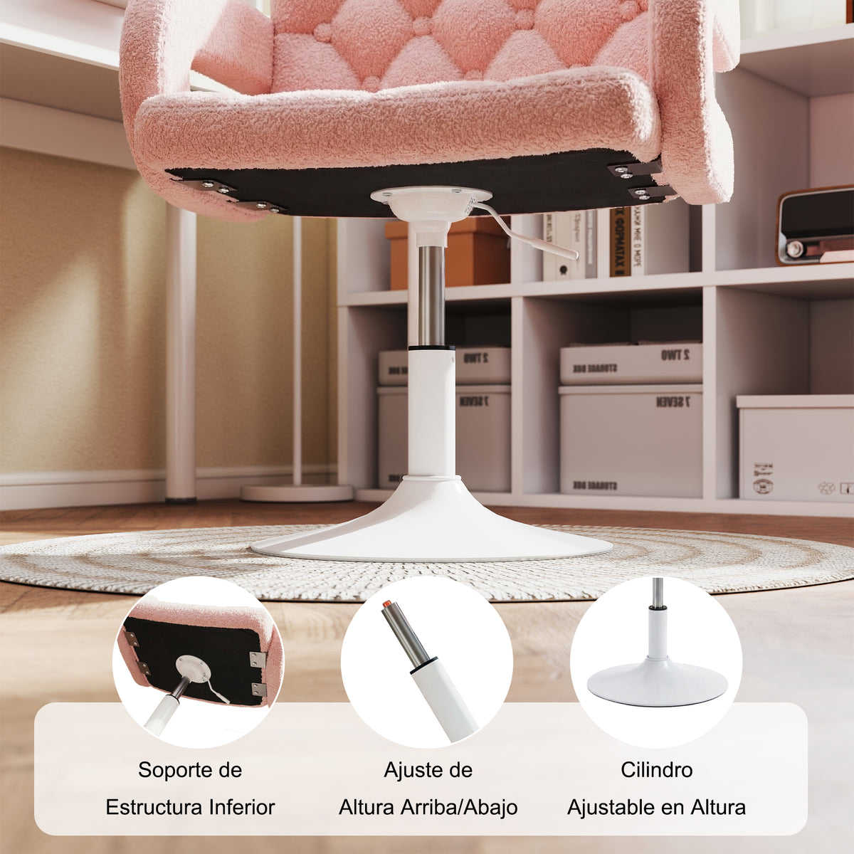 Silla Giratoria Ajustable con Brazos y Base Redonda Rosa