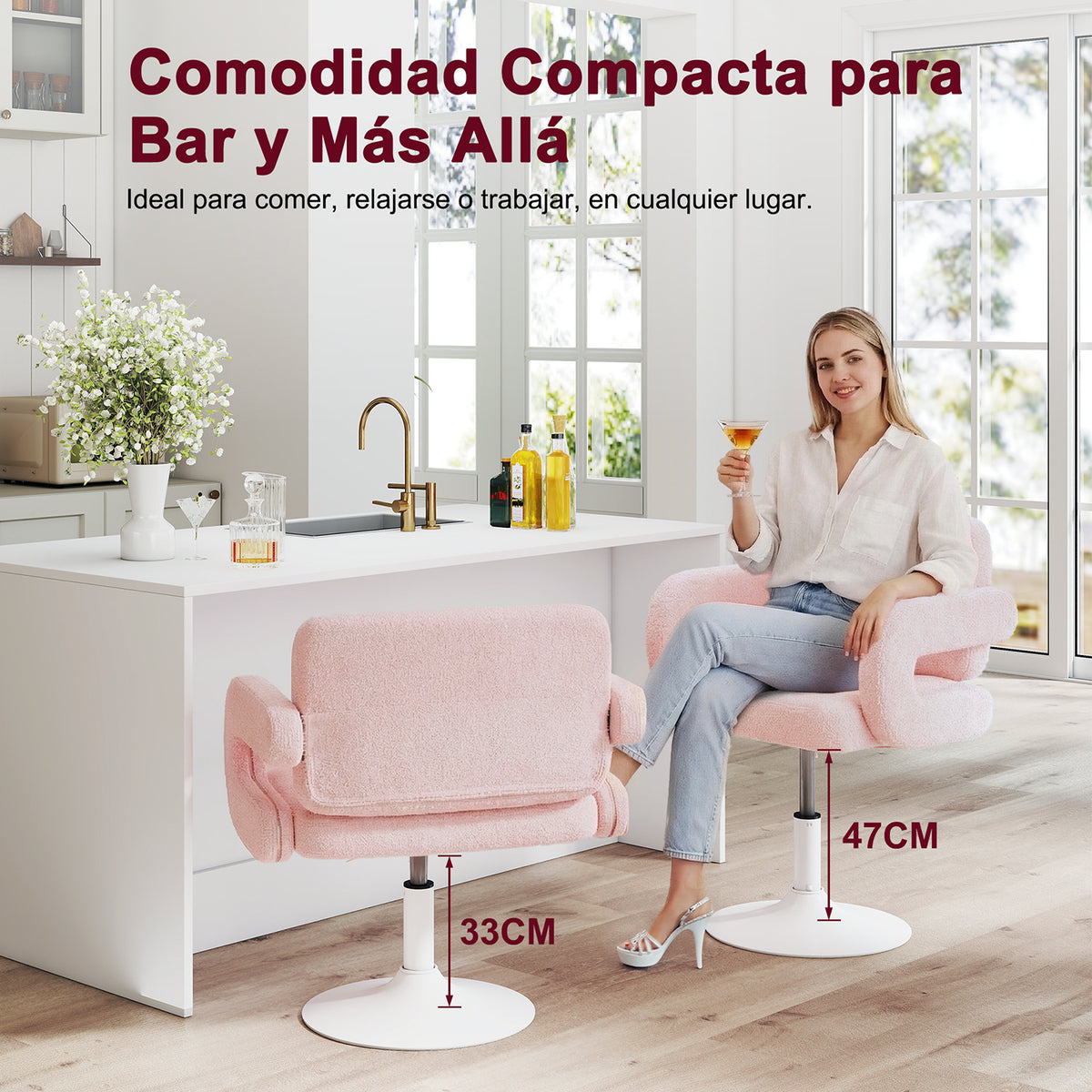 Silla Giratoria Ajustable con Brazos y Base Redonda Rosa