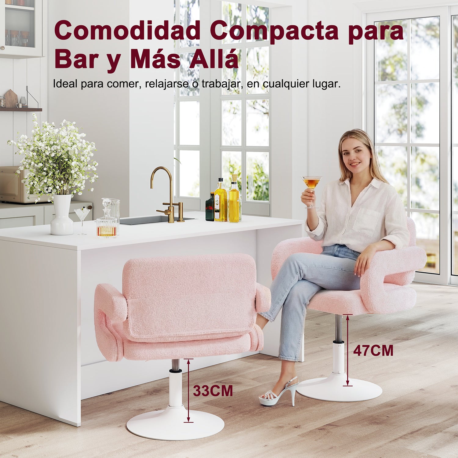 Silla Giratoria Ajustable con Brazos y Base Redonda Rosa