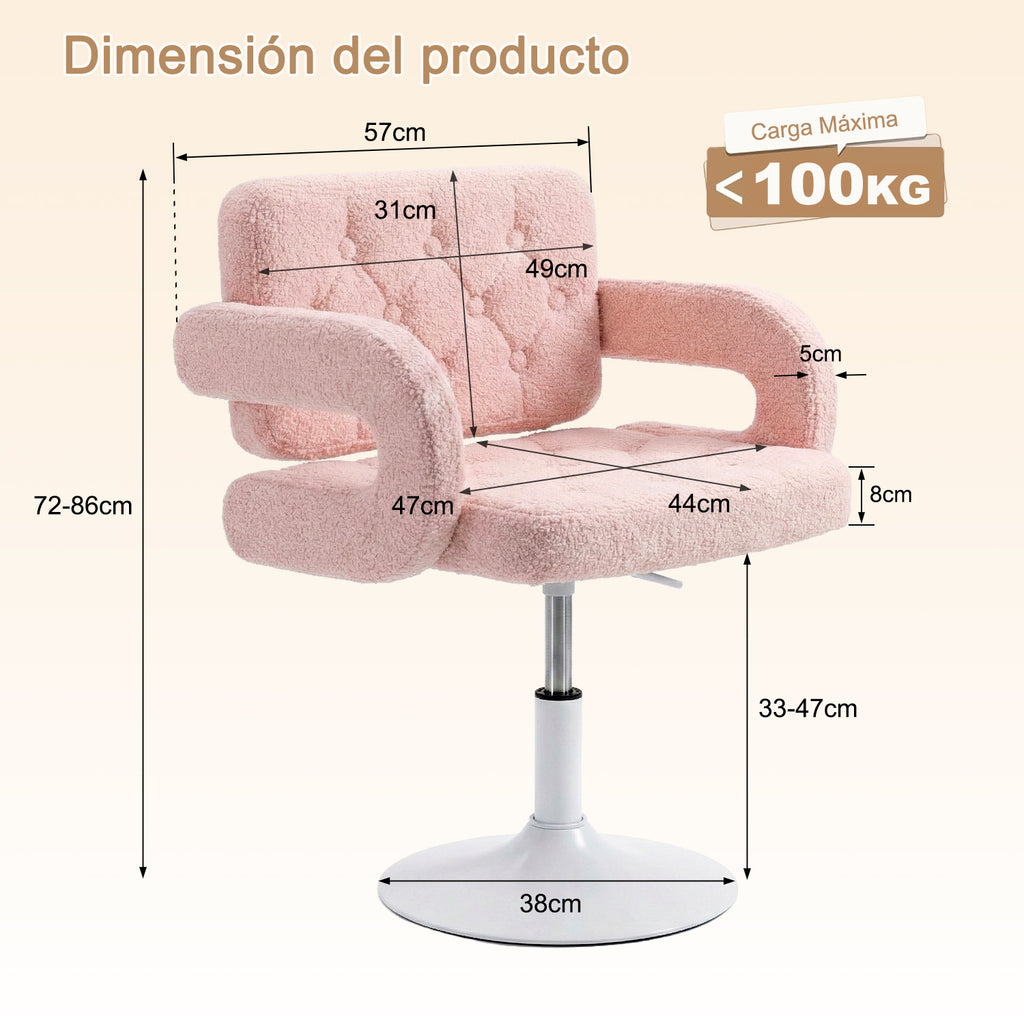 Silla Giratoria Ajustable con Brazos y Base Redonda Rosa