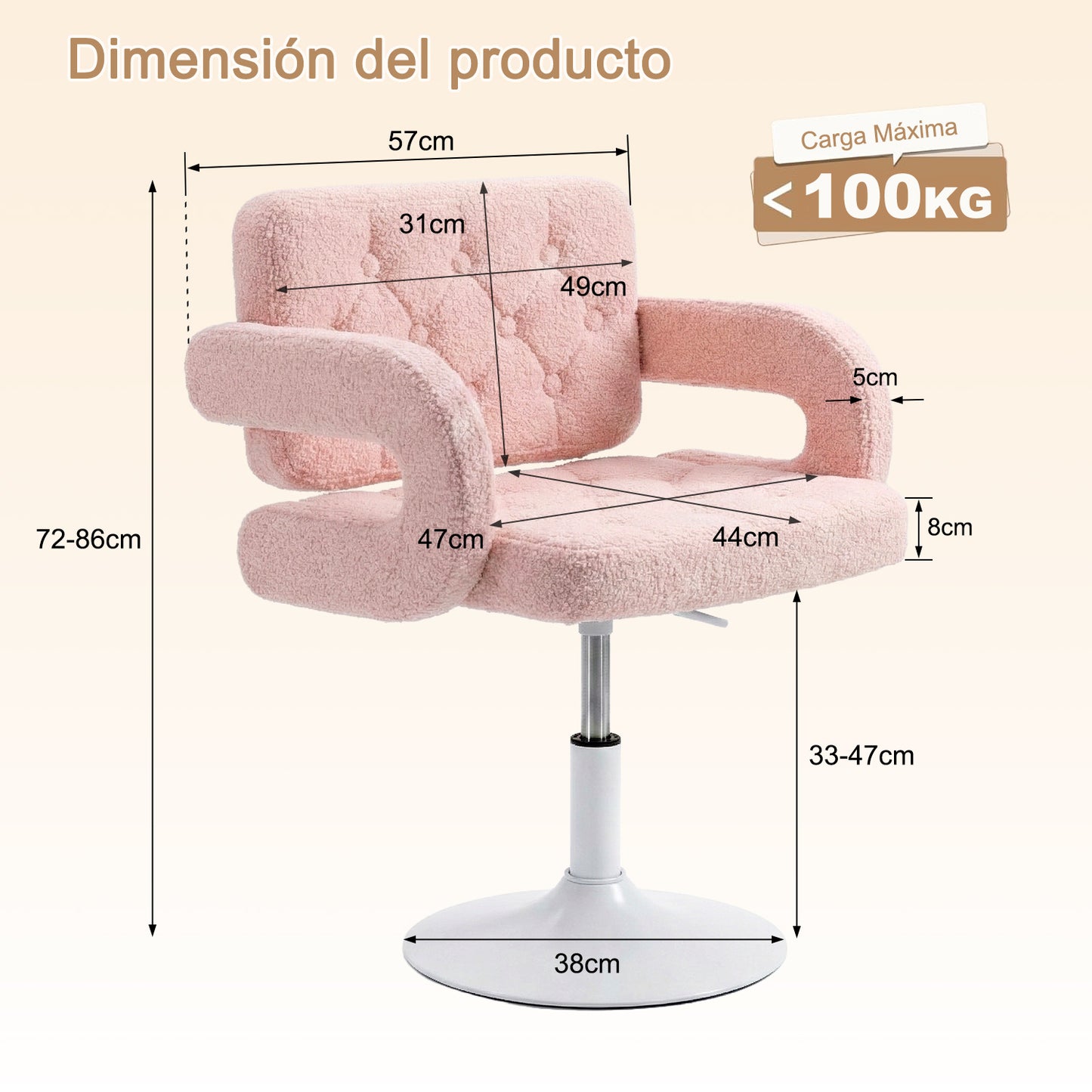 Silla Giratoria Ajustable con Brazos y Base Redonda Rosa