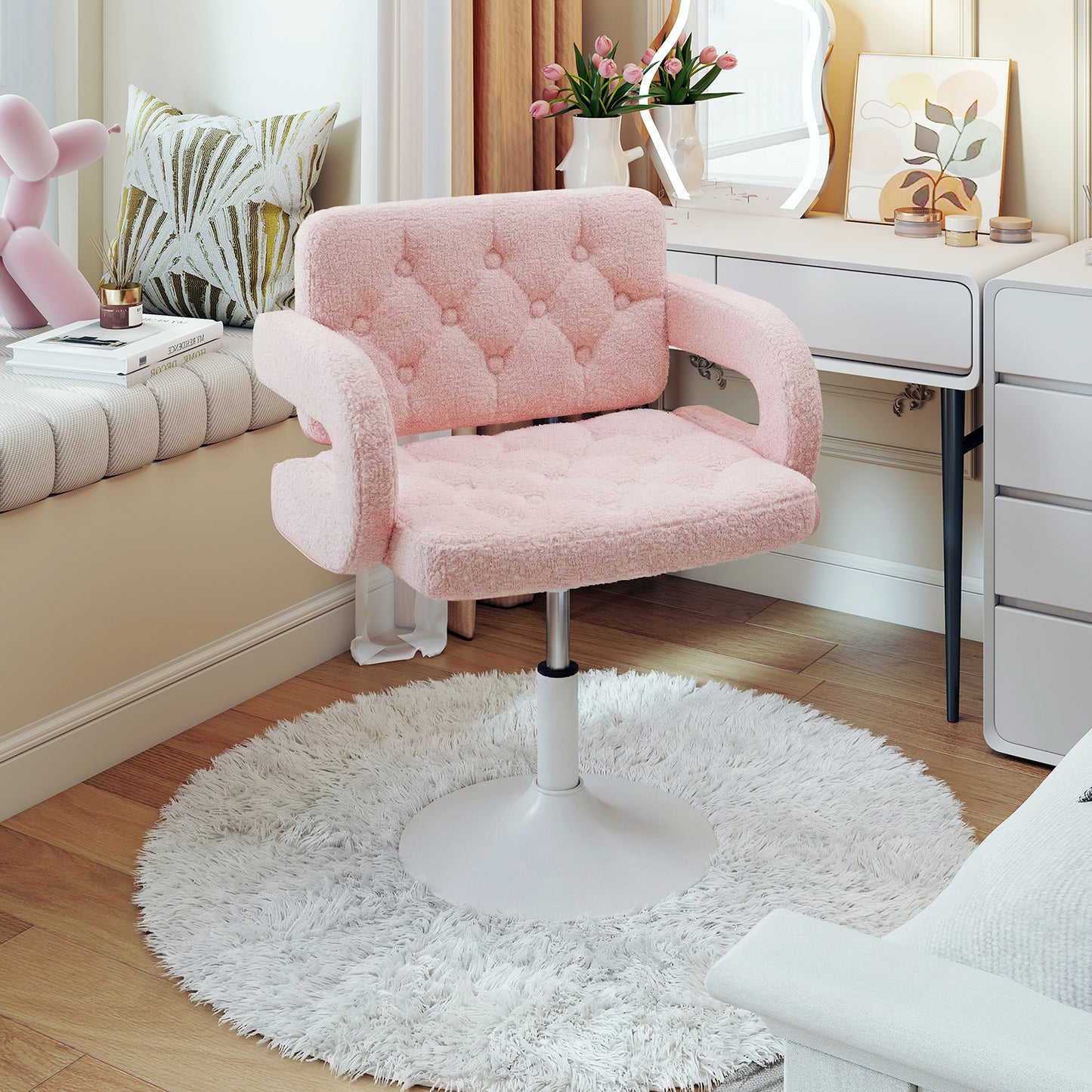 Silla Giratoria Ajustable con Brazos y Base Redonda Rosa