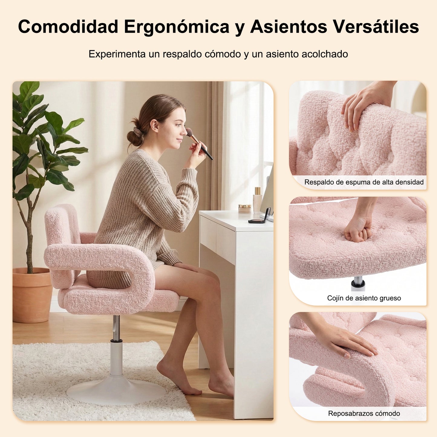 Silla Giratoria Ajustable con Brazos y Base Redonda Rosa
