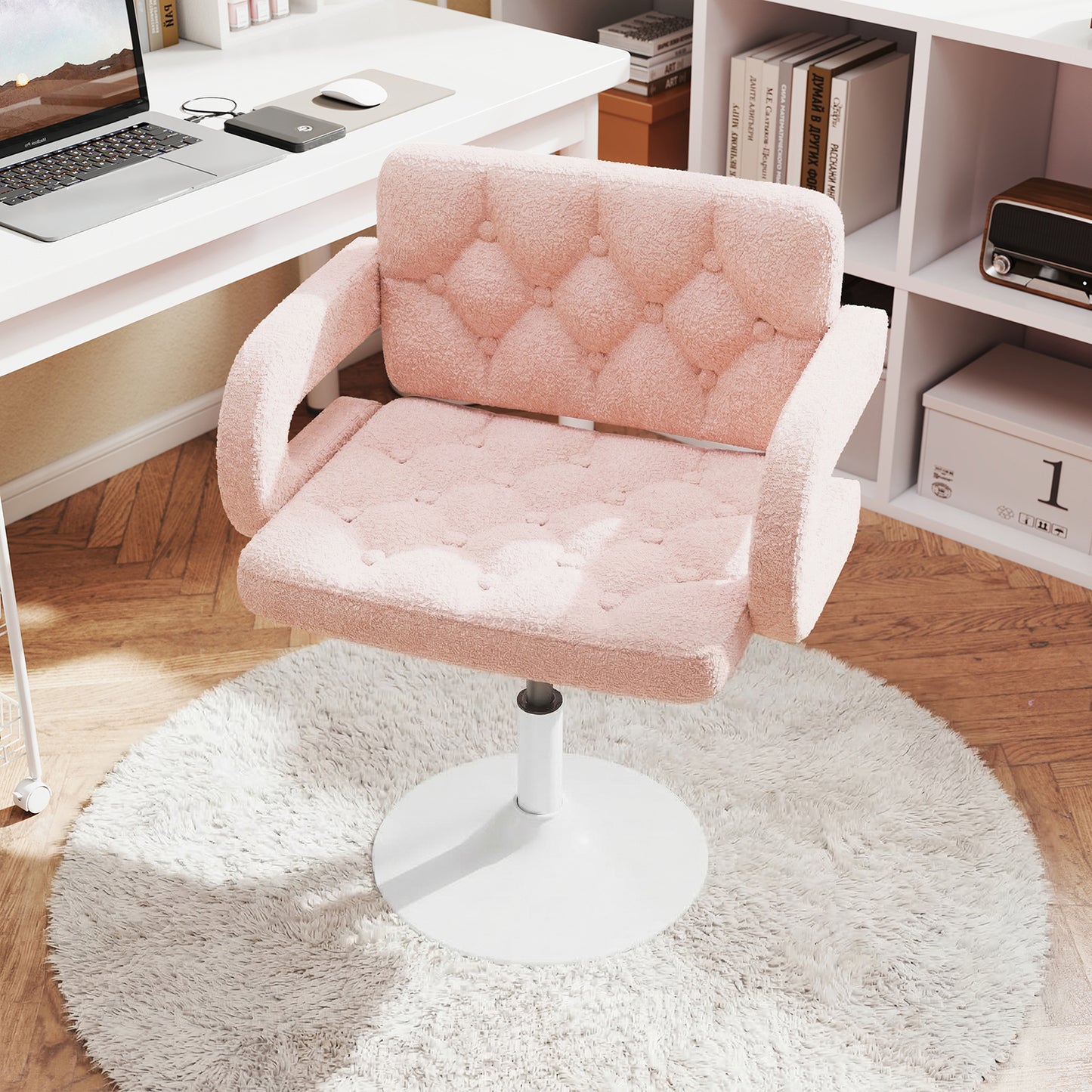 Silla Giratoria Ajustable con Brazos y Base Redonda Rosa
