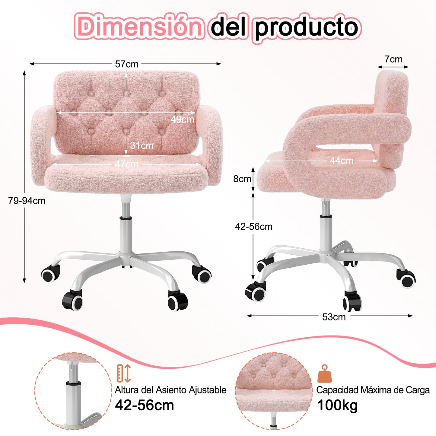 Silla Giratoria Ajustable con Ruedas Rosa