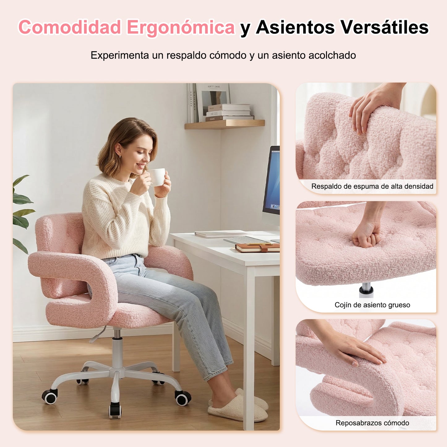 Silla Giratoria Ajustable con Ruedas Rosa
