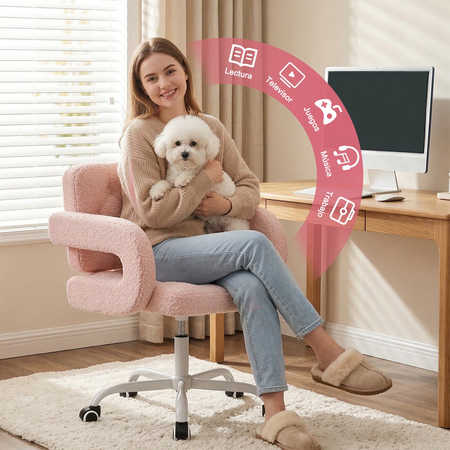 Silla Giratoria Ajustable con Ruedas Rosa