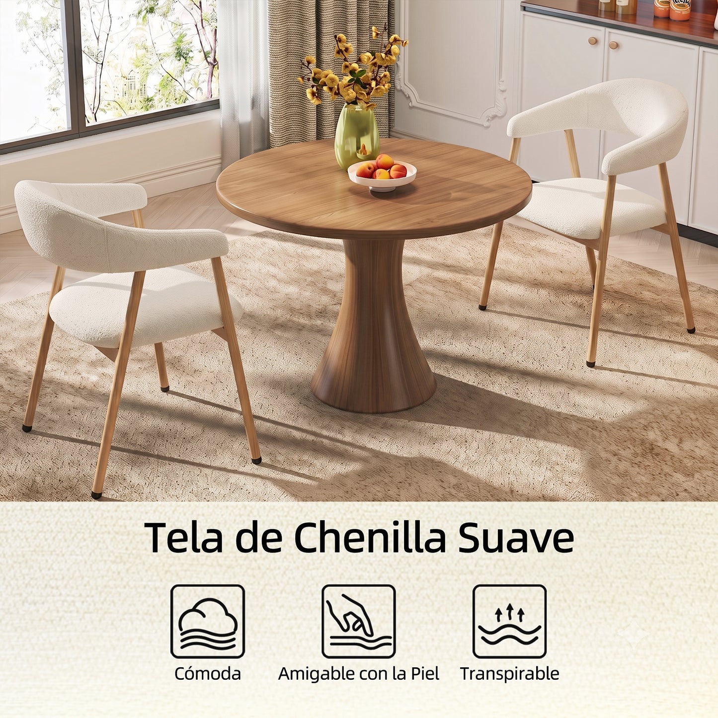 Silla de Comedor Tapizada Beige con Reposabrazos