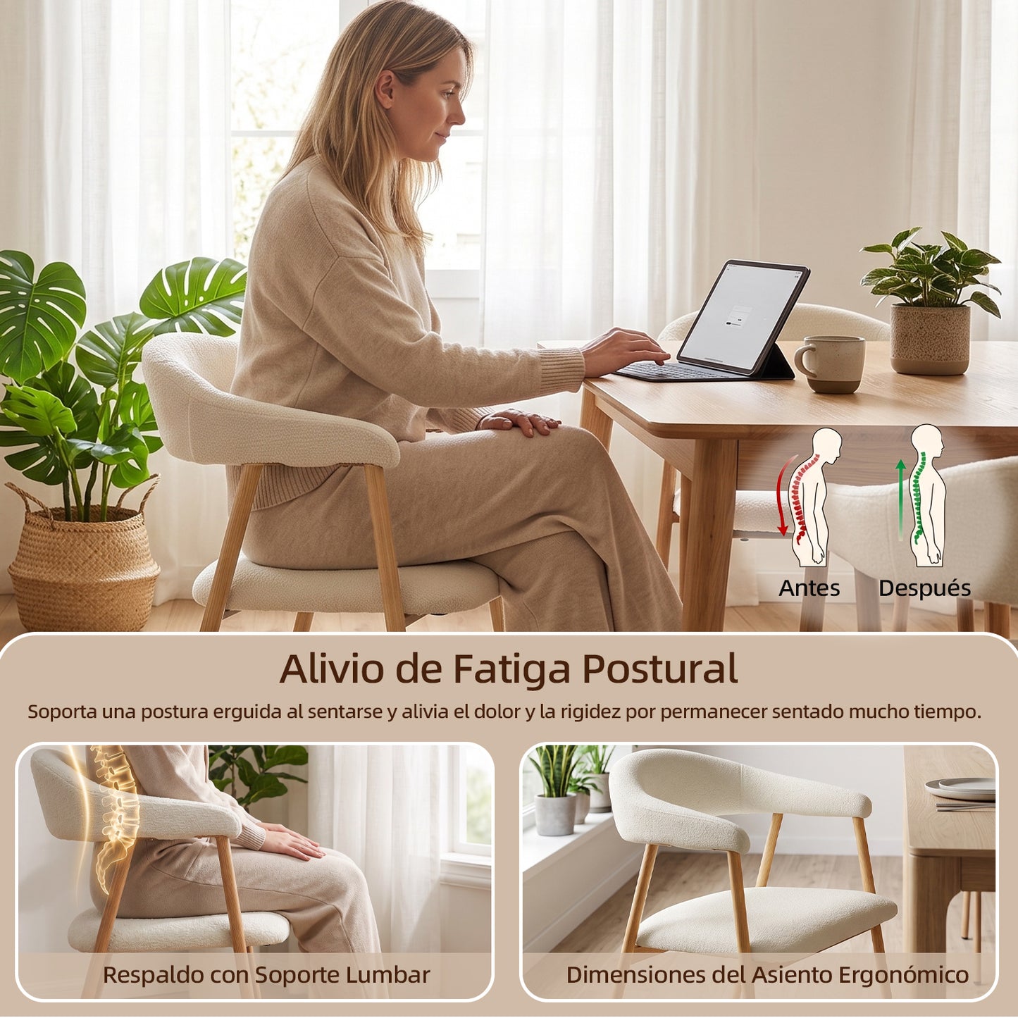 Silla de Comedor Tapizada Beige con Reposabrazos