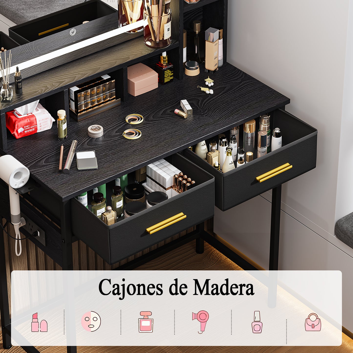 NUEVO Tocador Gomyhome Moderno con Espejo LED y Almacenamiento