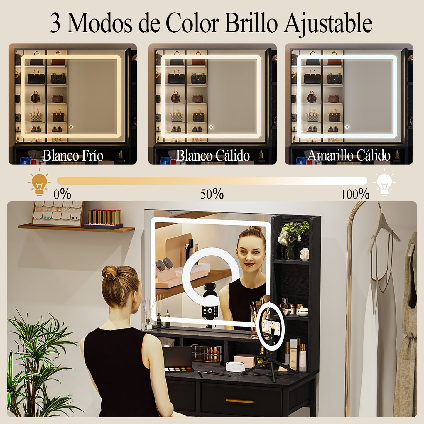 NUEVO Tocador Gomyhome Moderno con Espejo LED y Almacenamiento