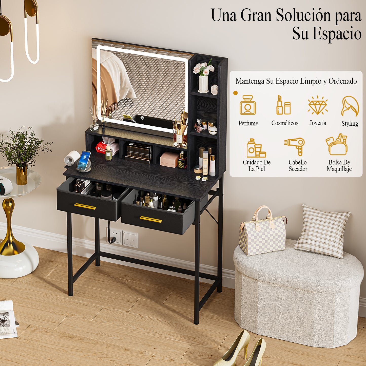 NUEVO Tocador Gomyhome Moderno con Espejo LED y Almacenamiento