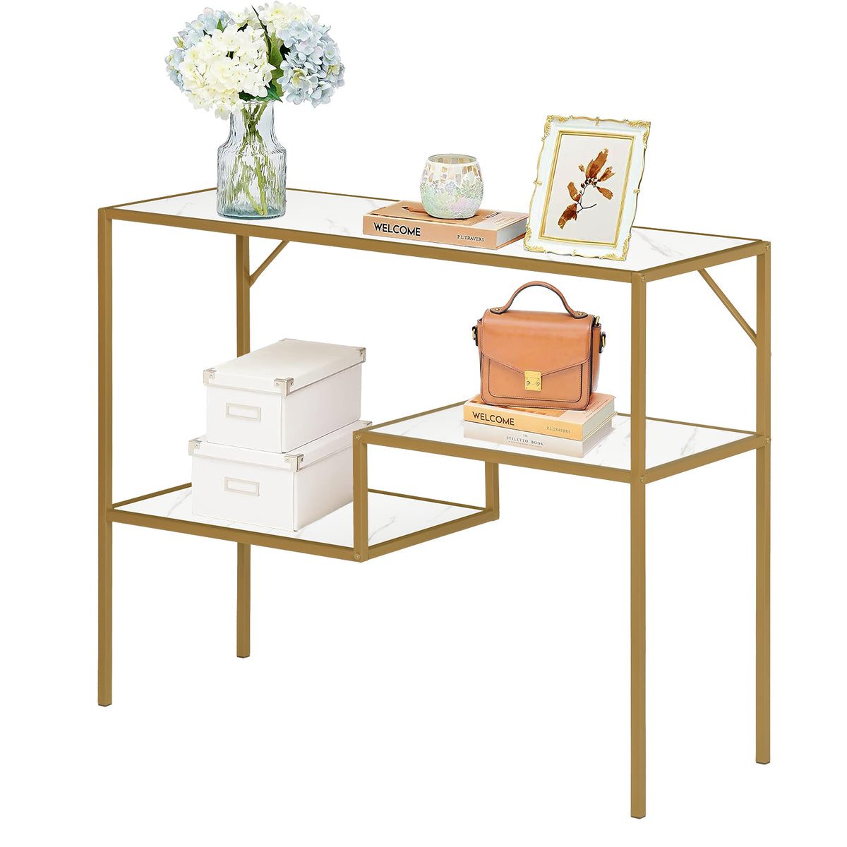 Mesa Consola Dorado 100 cm Mesa de Entrada Moderna 3 Niveles Darrison