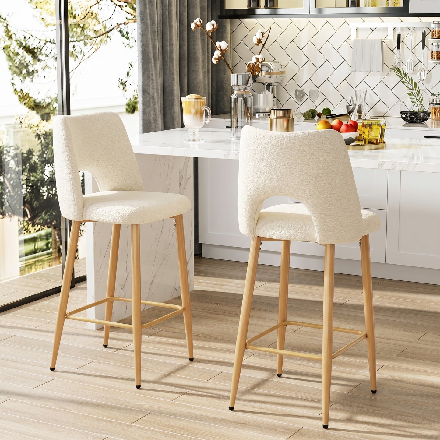Juego de 2 Bancos Altos Beige para Barra de Cocina