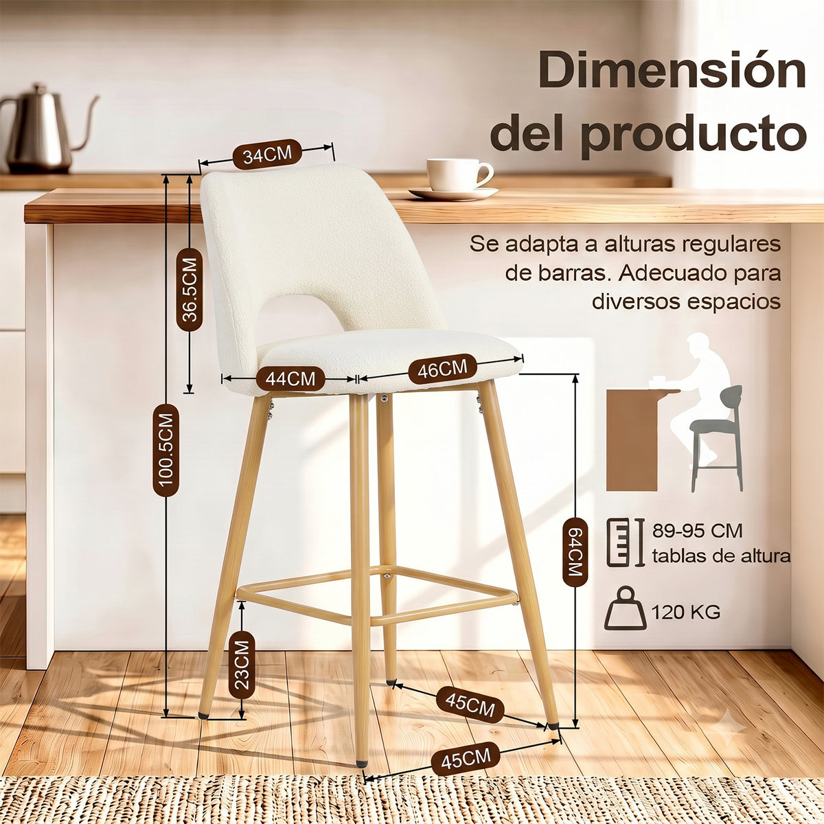 Juego de 2 Bancos Altos Beige para Barra de Cocina