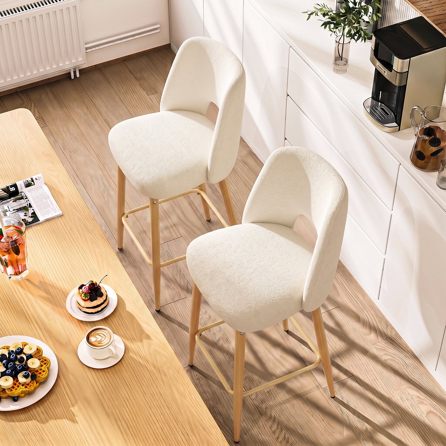 Juego de 2 Bancos Altos Beige para Barra de Cocina