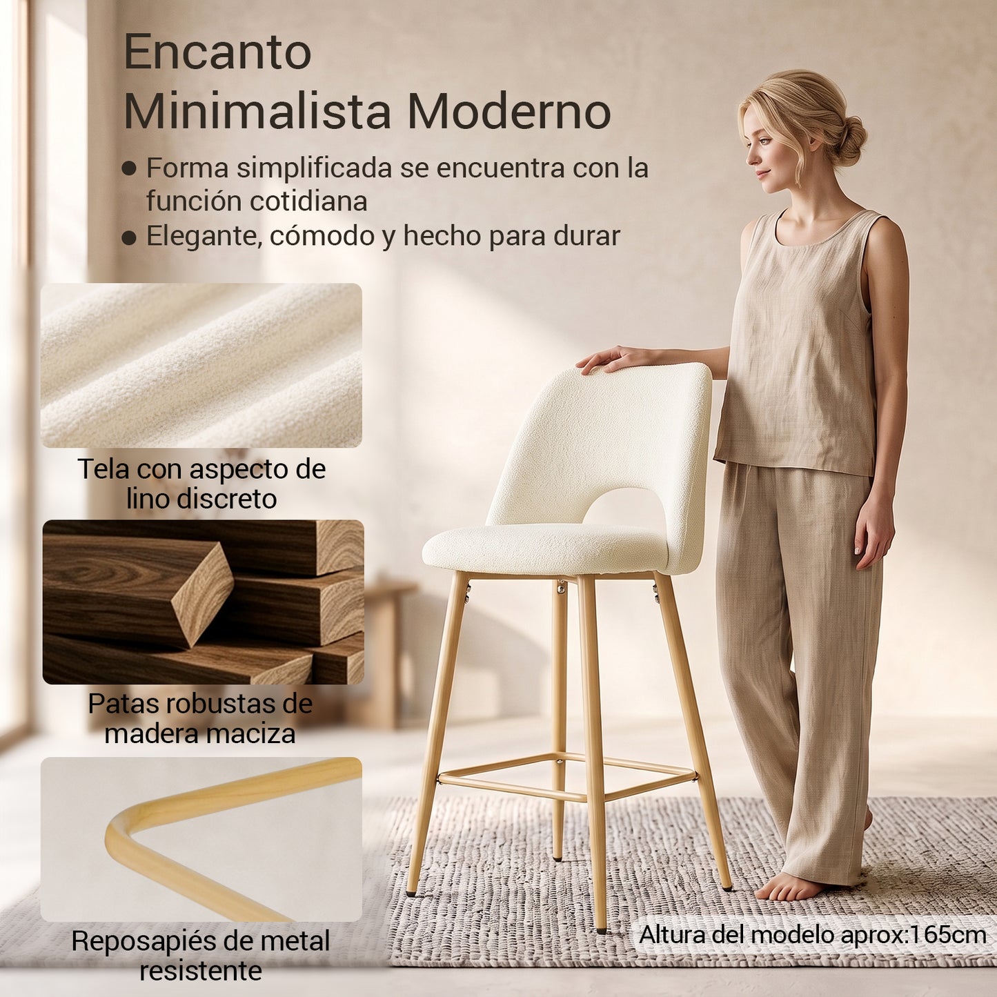 Juego de 2 Bancos Altos Beige para Barra de Cocina