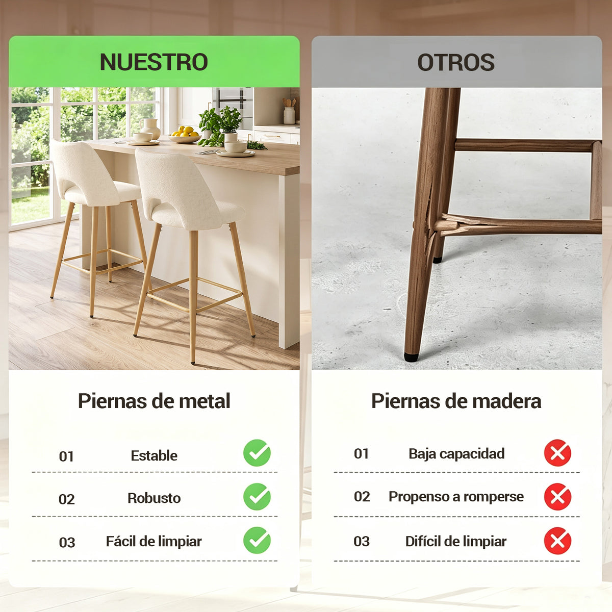 Juego de 2 Bancos Altos Beige para Barra de Cocina