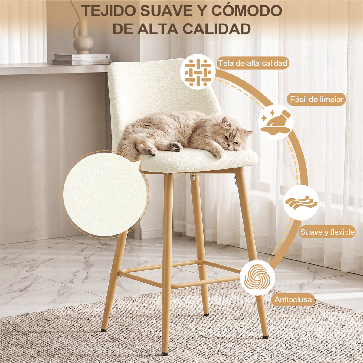 Juego de 2 Bancos Altos Beige para Barra de Cocina