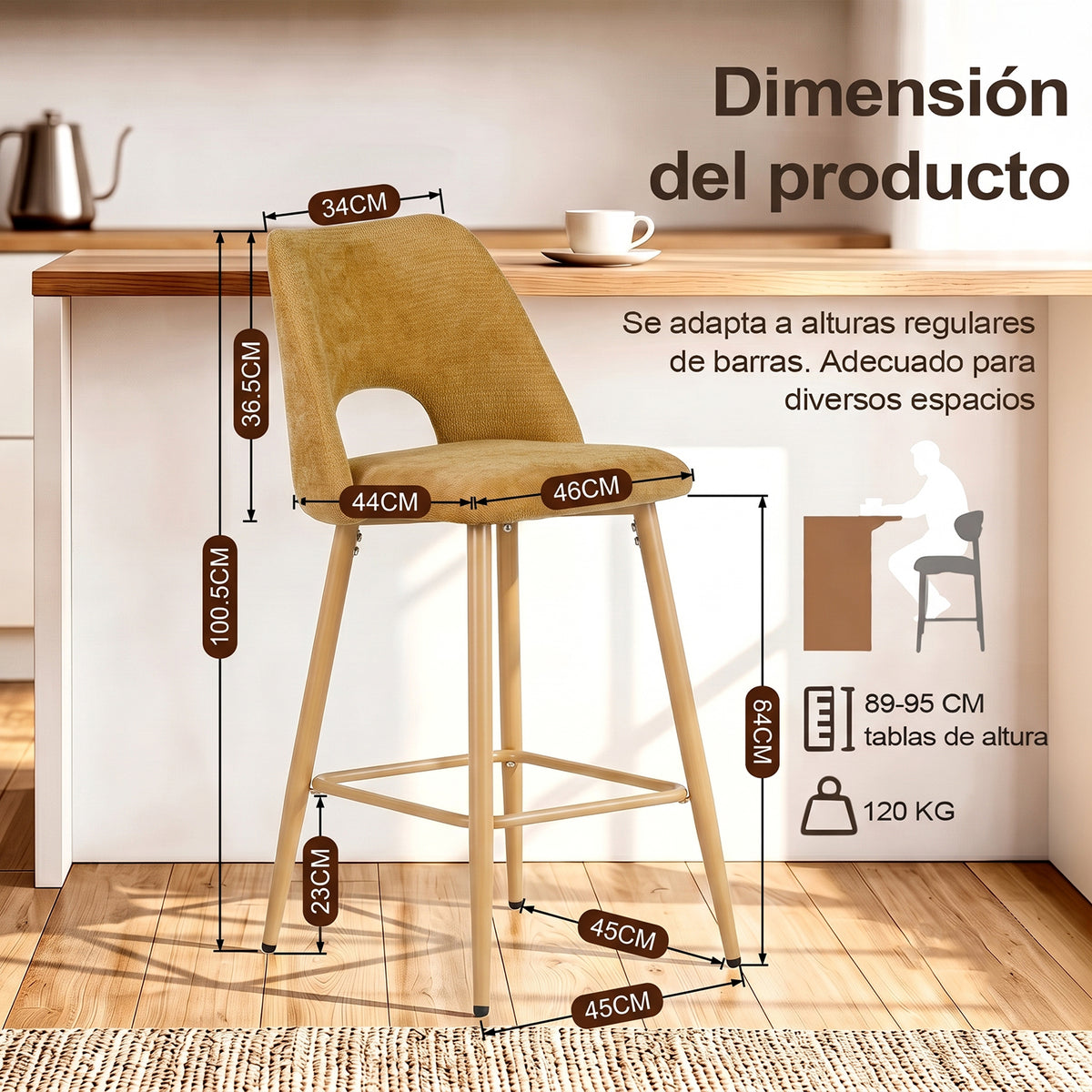 Juego de 2 Bancos Altos Amarillo para Barra de Cocina