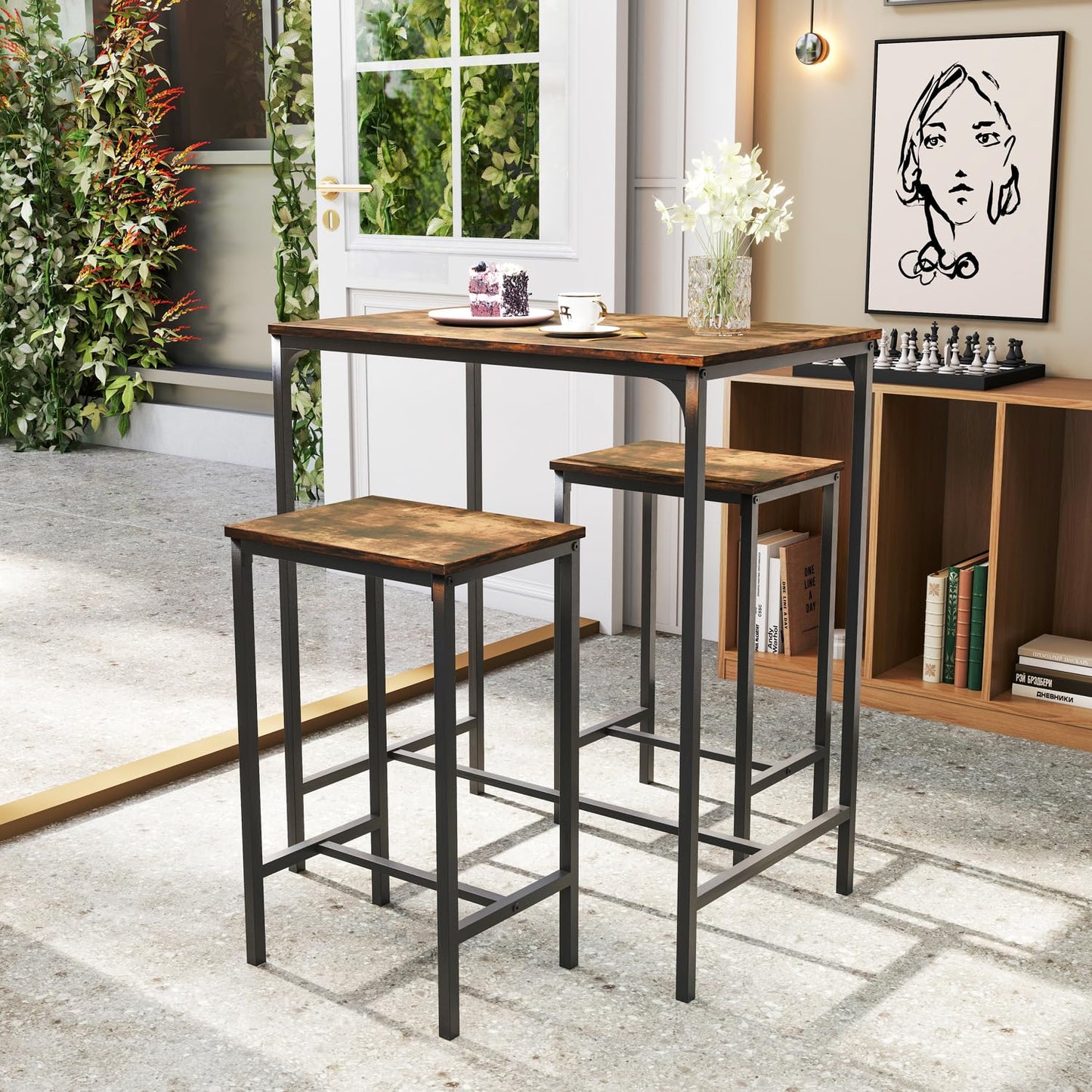 Nuevo Mesa de Bar con 2 Bancos Juego de 3 Mesas de Cocina con Metal Robusto  Vintage FAIRMAN
