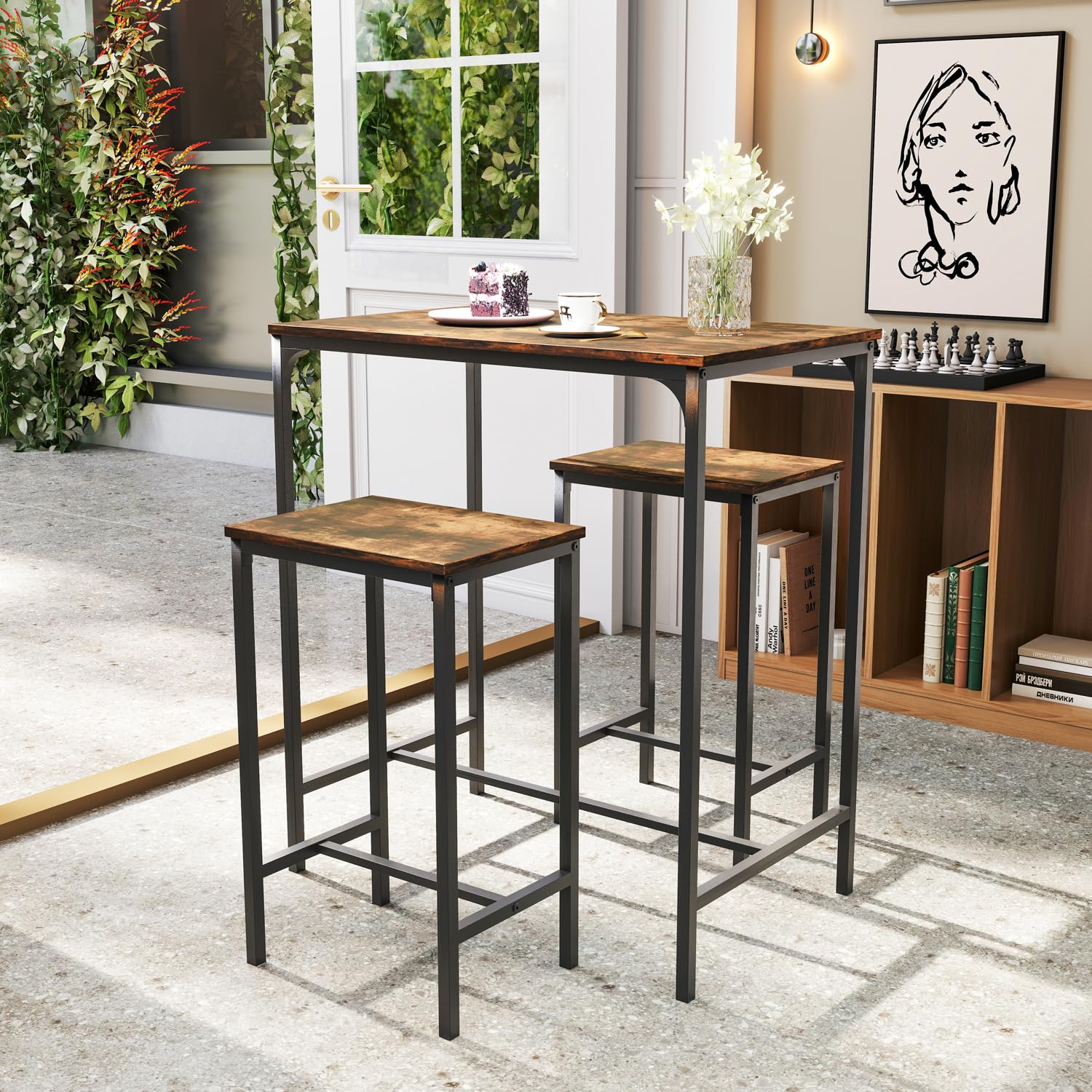 Nuevo Mesa de Bar con 2 Bancos Juego de 3 Mesas de Cocina con Metal Robusto  Vintage FAIRMAN