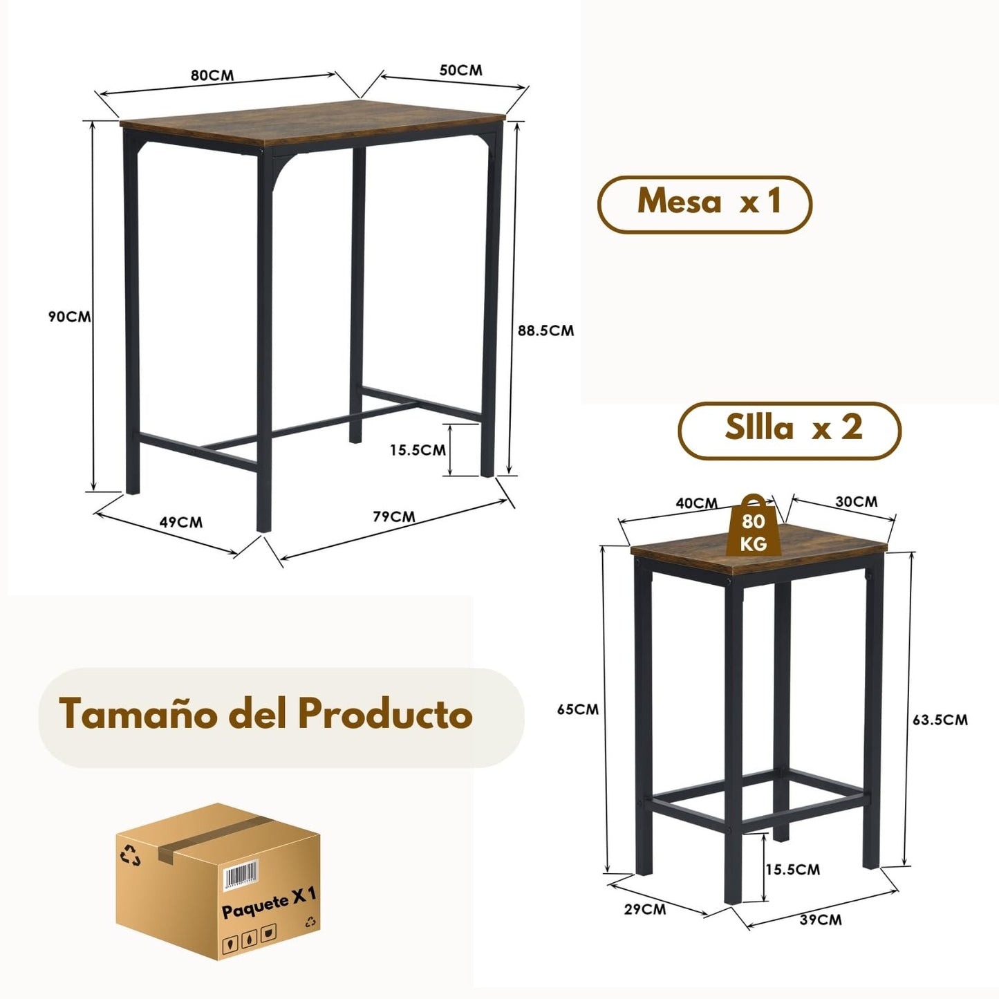 Nuevo Mesa de Bar con 2 Bancos Juego de 3 Mesas de Cocina con Metal Robusto  Vintage FAIRMAN
