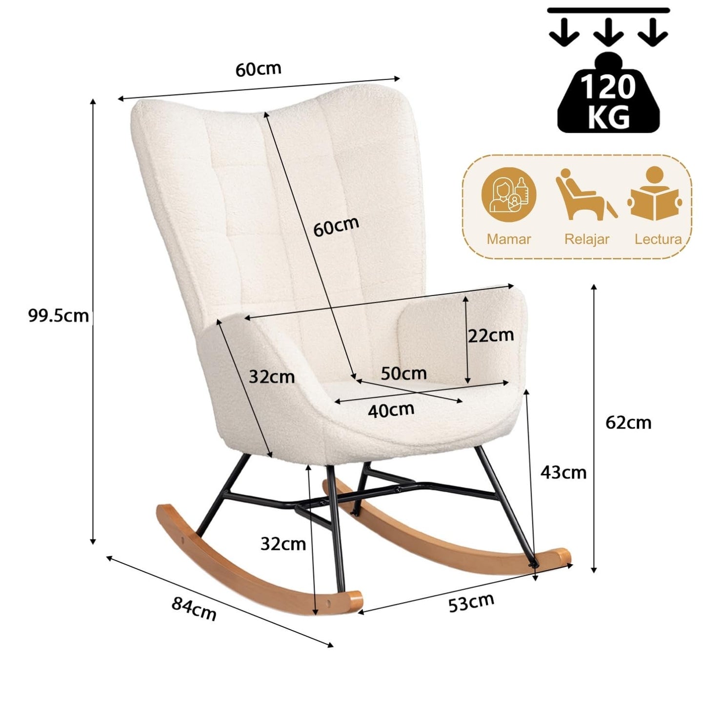 Mecedora Sillón Moderno Cómodo Sillón Reclinable Terciopelo Individual Blanco