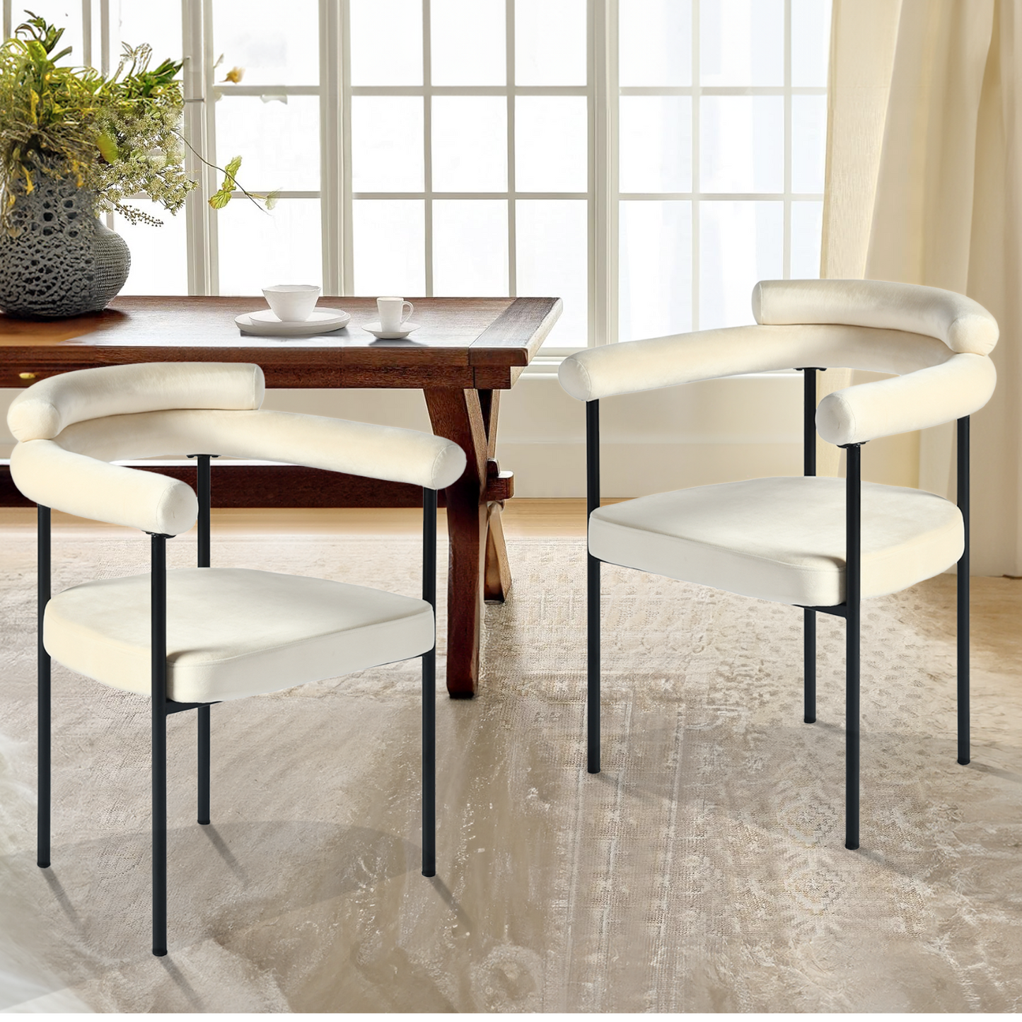 NUEVO Silla de Comedor Tapizadas Silla de Cocina con Respaldo Abierto y Brazos CAMILA Beige