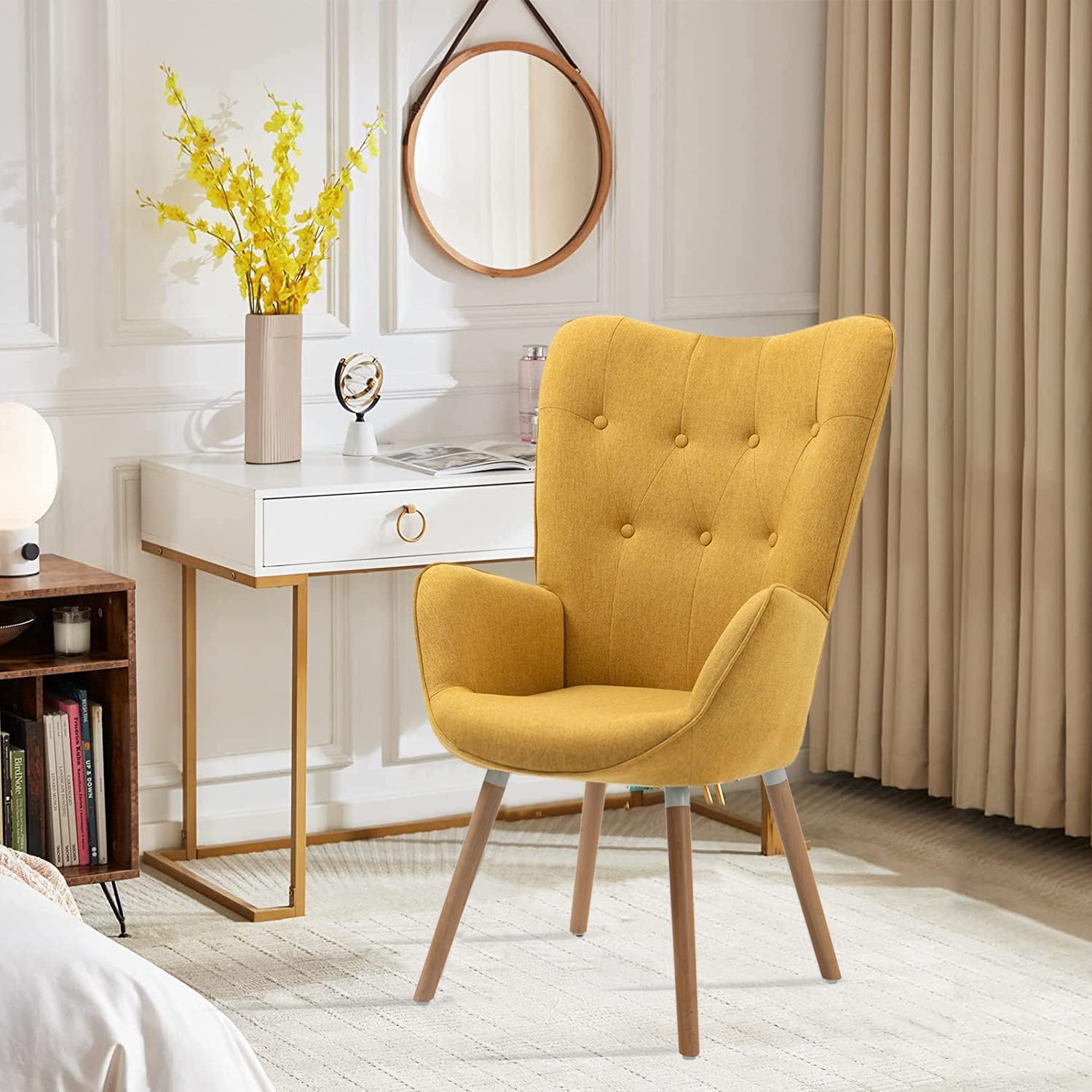 Silla Sillón Terciopelo Moderna Sofá Individual de Madera Amarilla