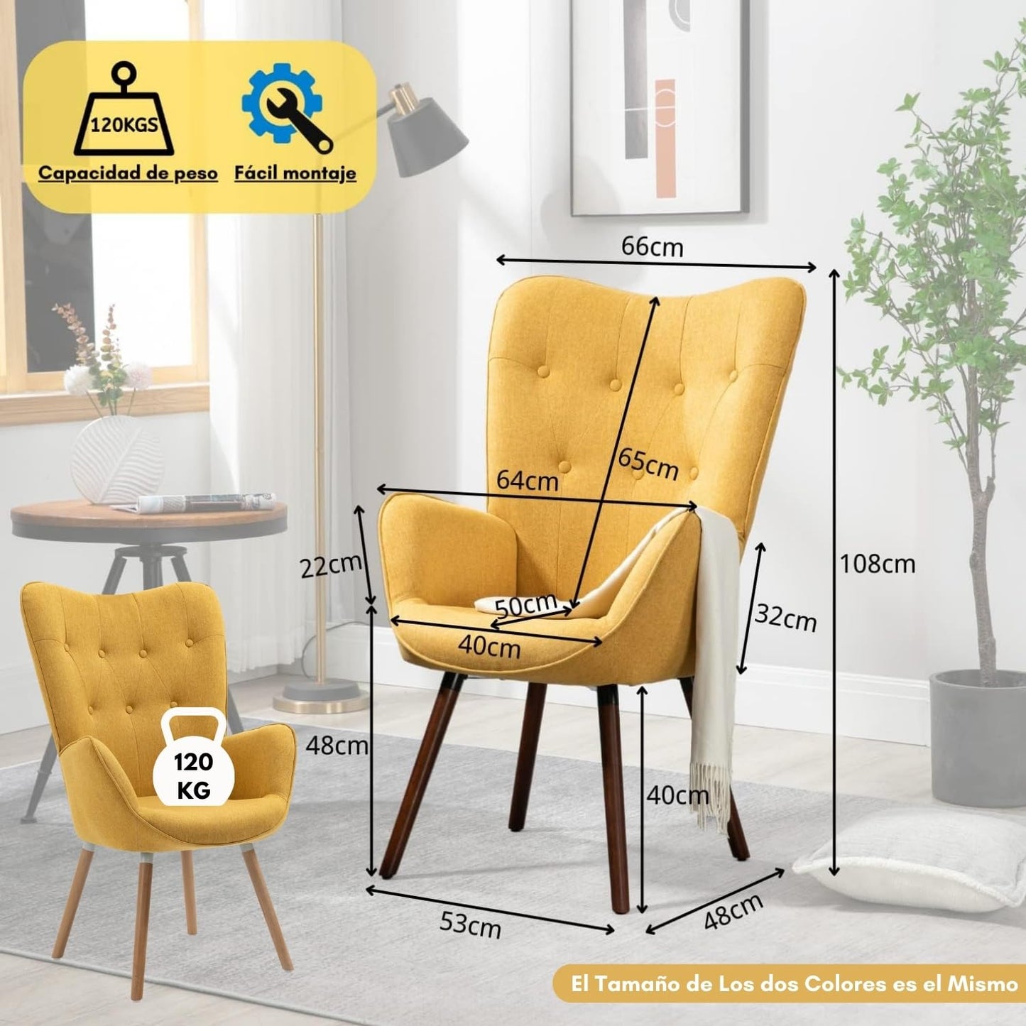 Silla Sillón Terciopelo Moderna Sofá Individual de Madera Amarilla