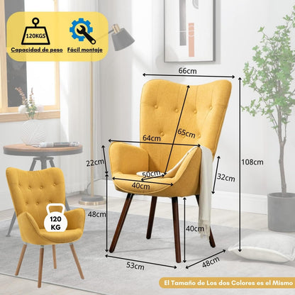 Silla Sillón Terciopelo Moderna Sofá Individual de Madera Amarilla