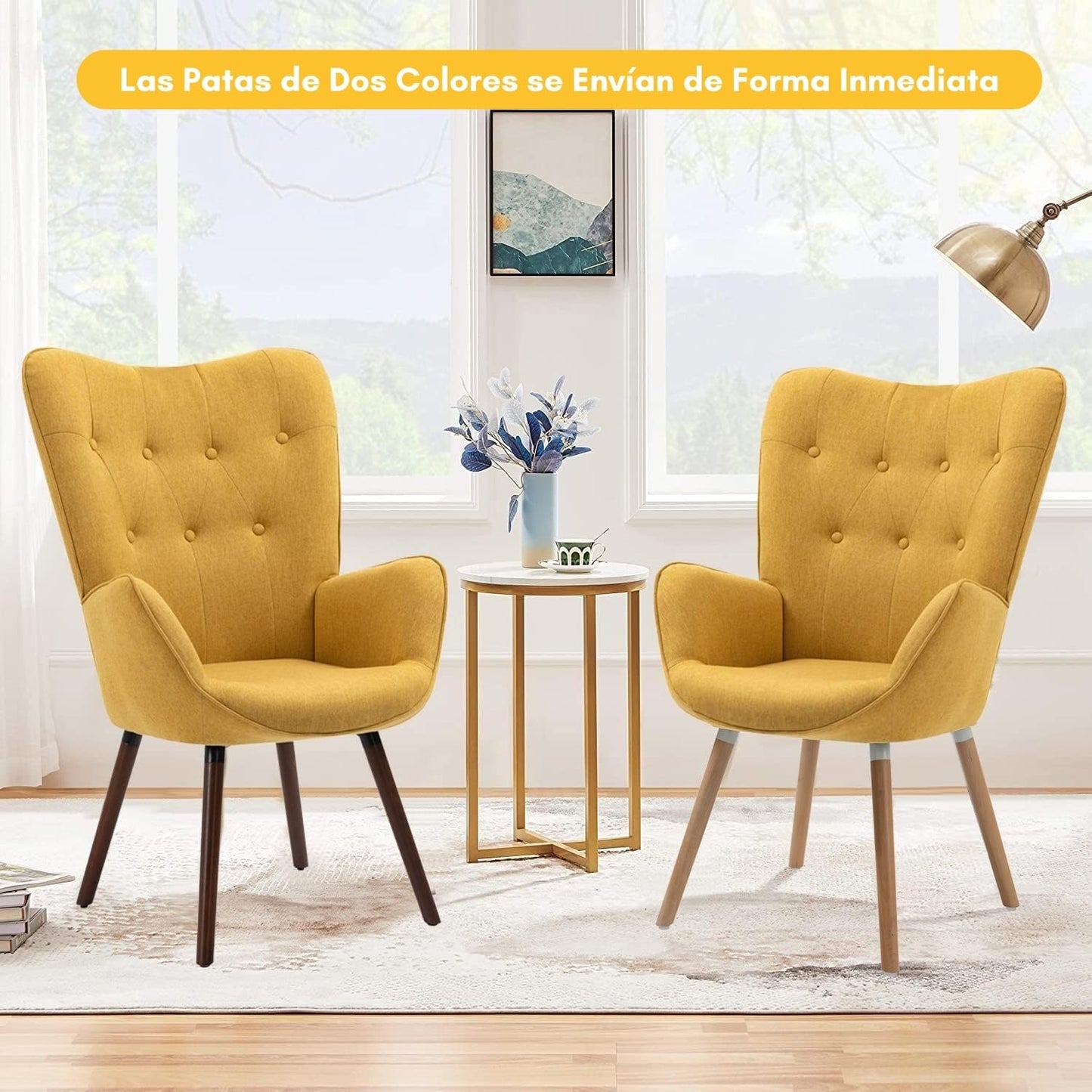 Silla Sillón Terciopelo Moderna Sofá Individual de Madera Amarilla