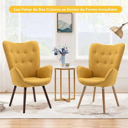 Silla Sillón Terciopelo Moderna Sofá Individual de Madera Amarilla