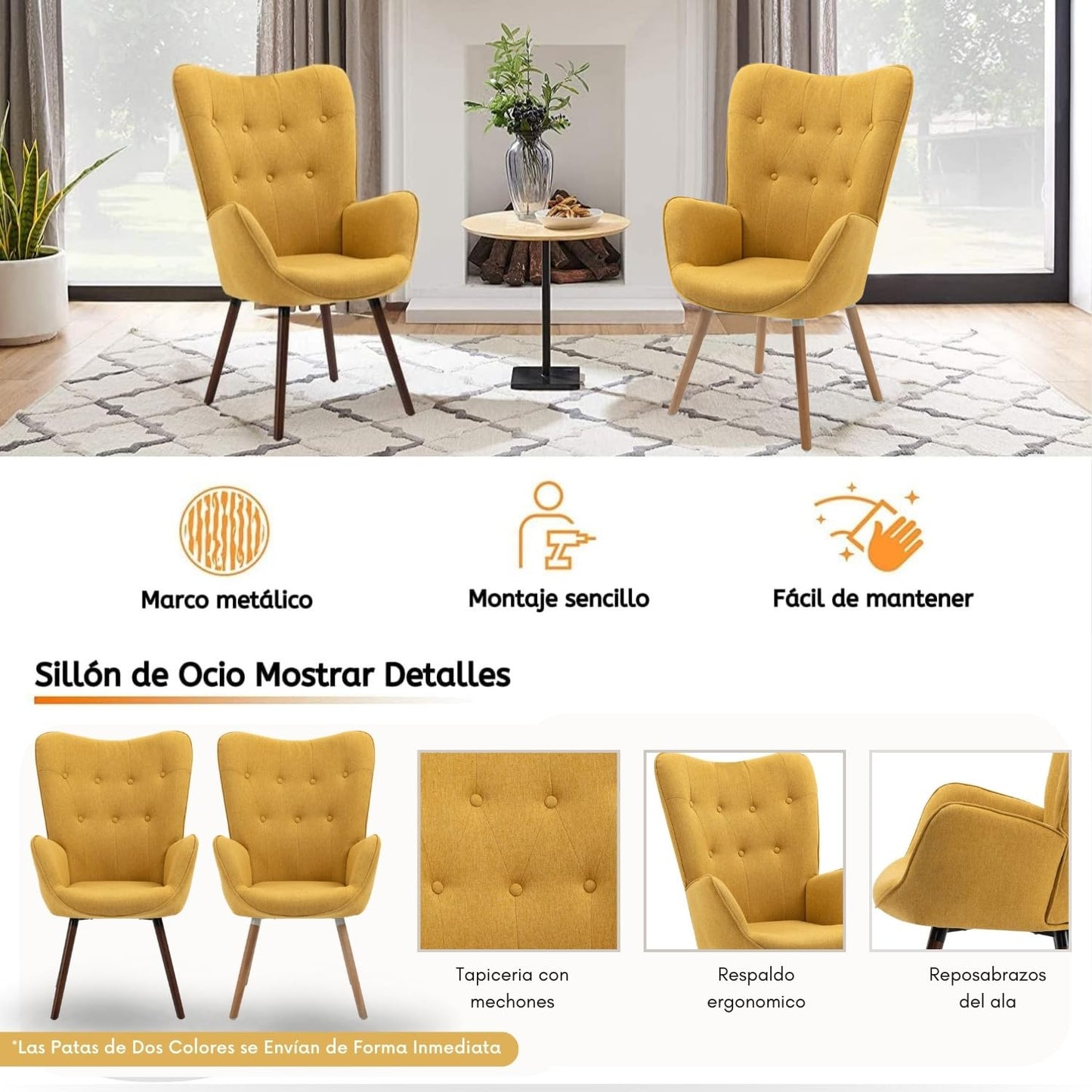 Silla Sillón Terciopelo Moderna Sofá Individual de Madera Amarilla