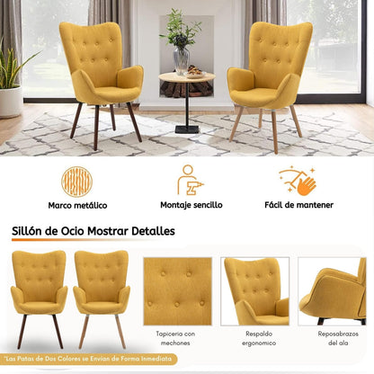 Silla Sillón Terciopelo Moderna Sofá Individual de Madera Amarilla