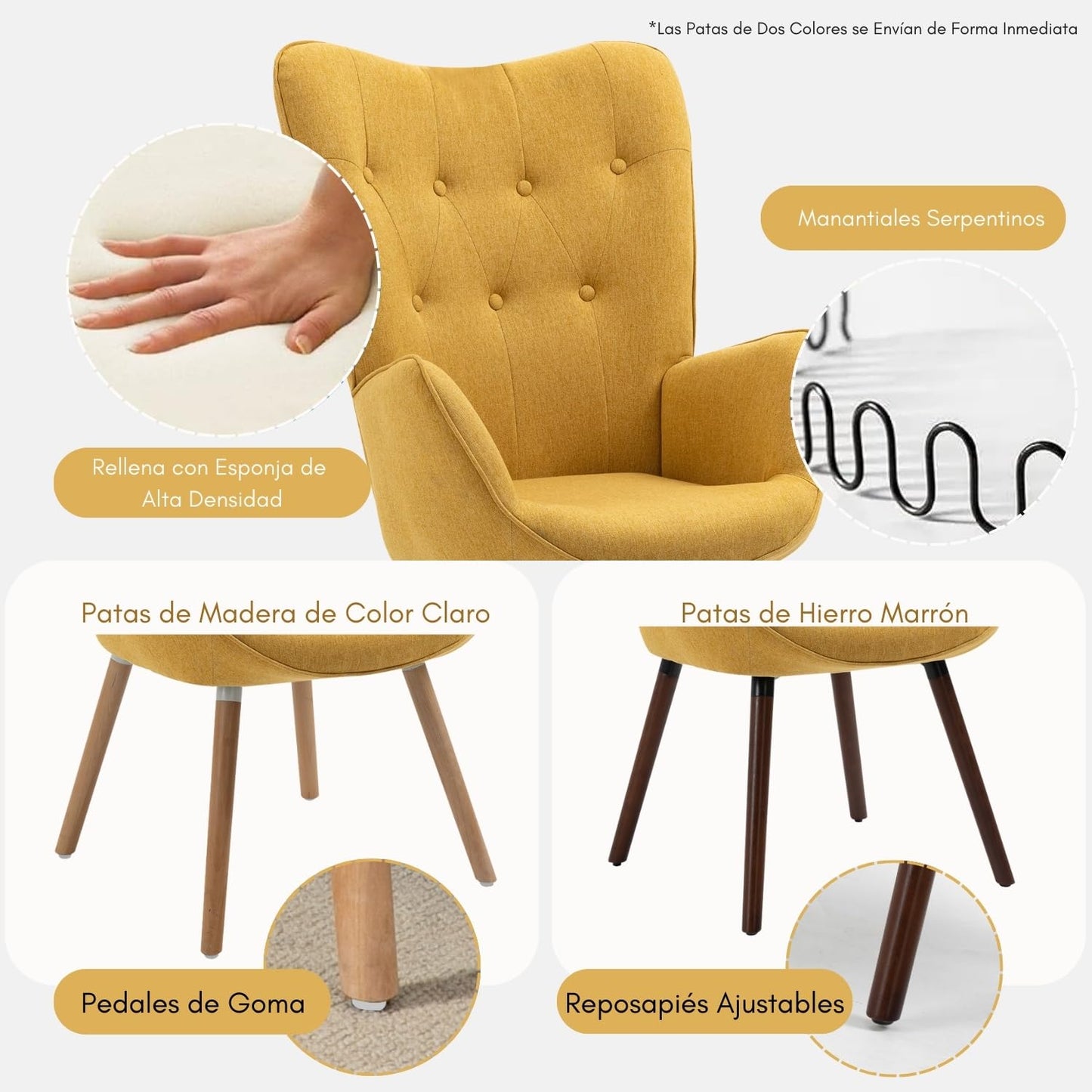 Silla Sillón Terciopelo Moderna Sofá Individual de Madera Amarilla