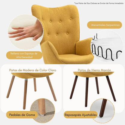 Silla Sillón Terciopelo Moderna Sofá Individual de Madera Amarilla