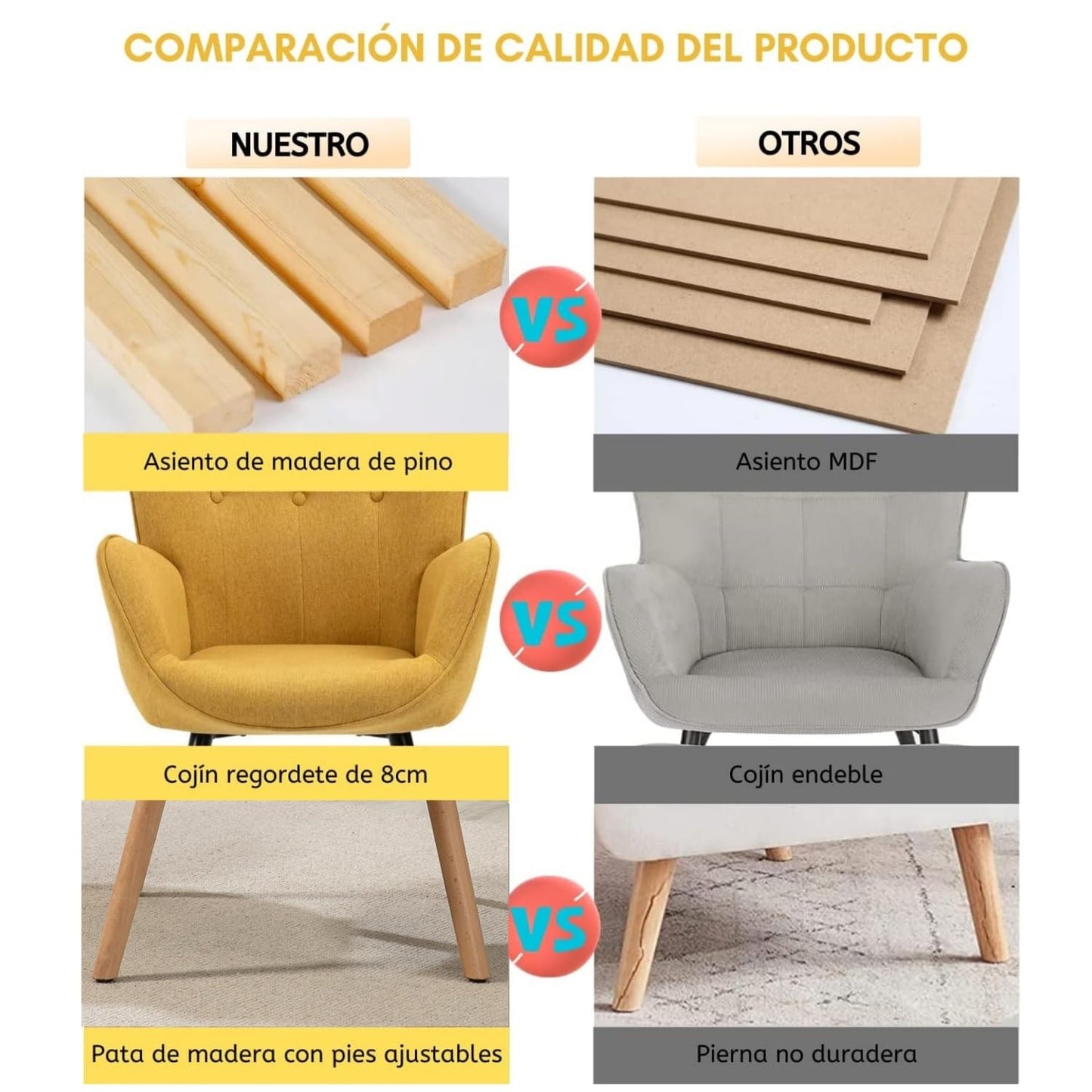 Silla Sillón Terciopelo Moderna Sofá Individual de Madera Amarilla