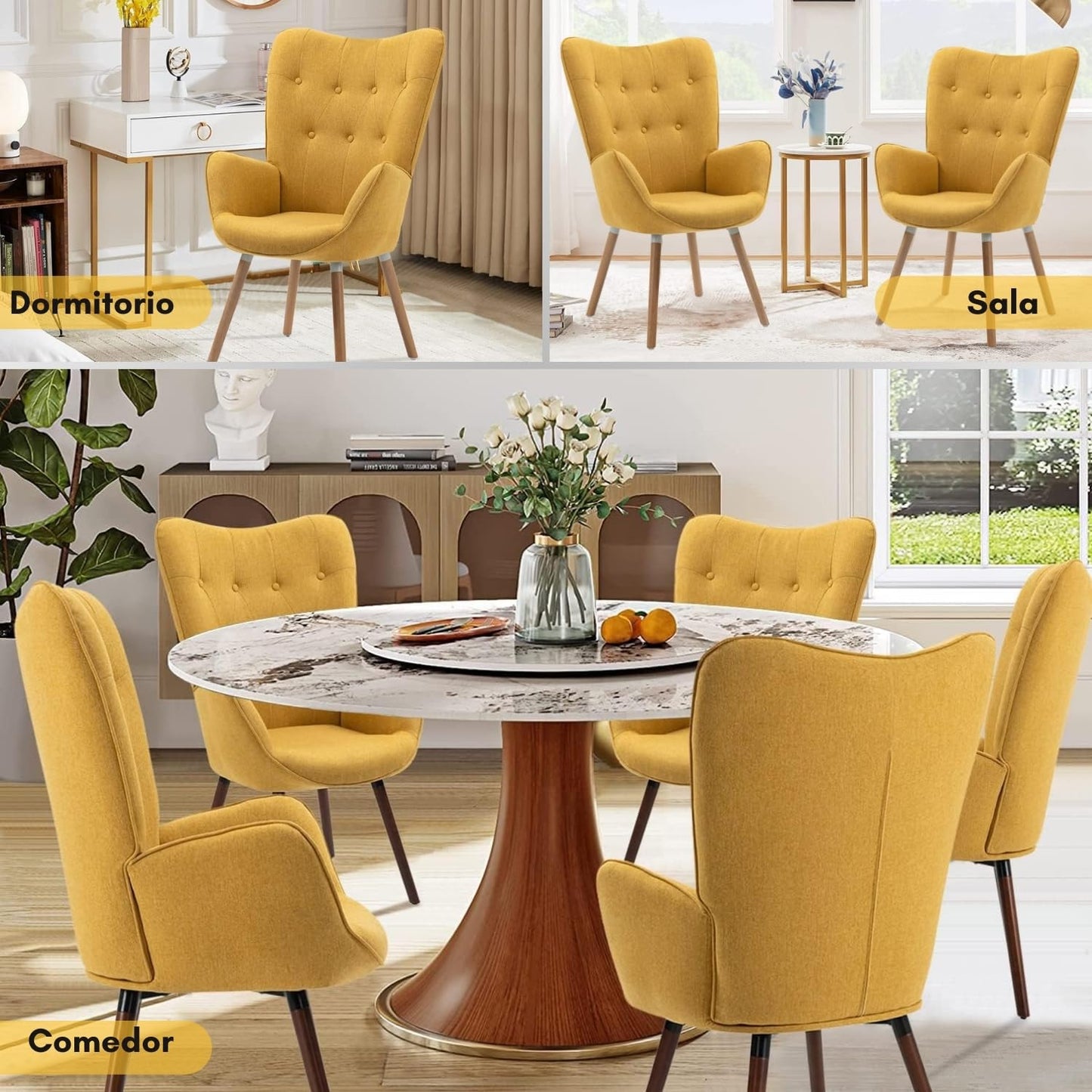 Silla Sillón Terciopelo Moderna Sofá Individual de Madera Amarilla