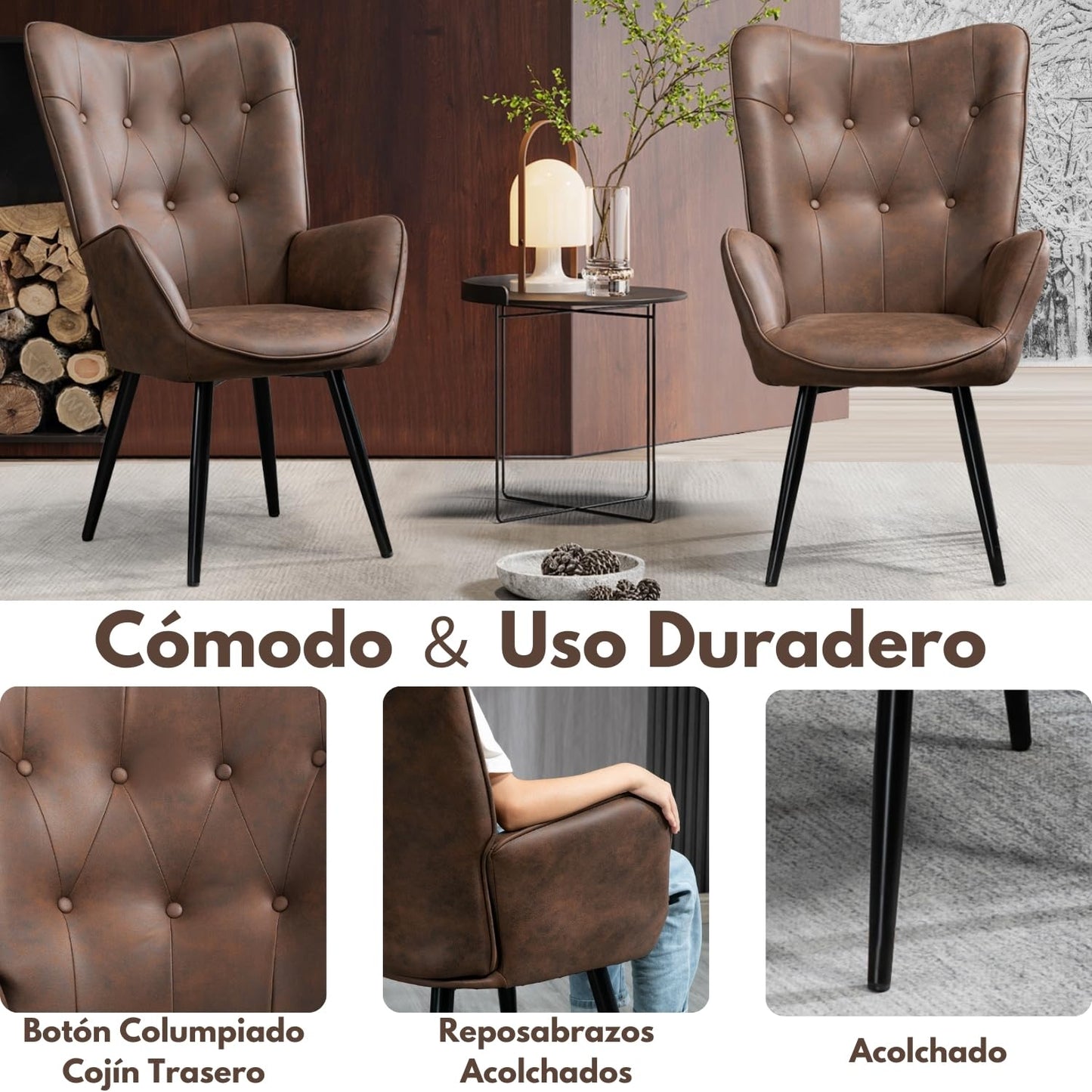 Sillón de Piel Sintética Tapizado Sillón de Cuero Individuales Marron