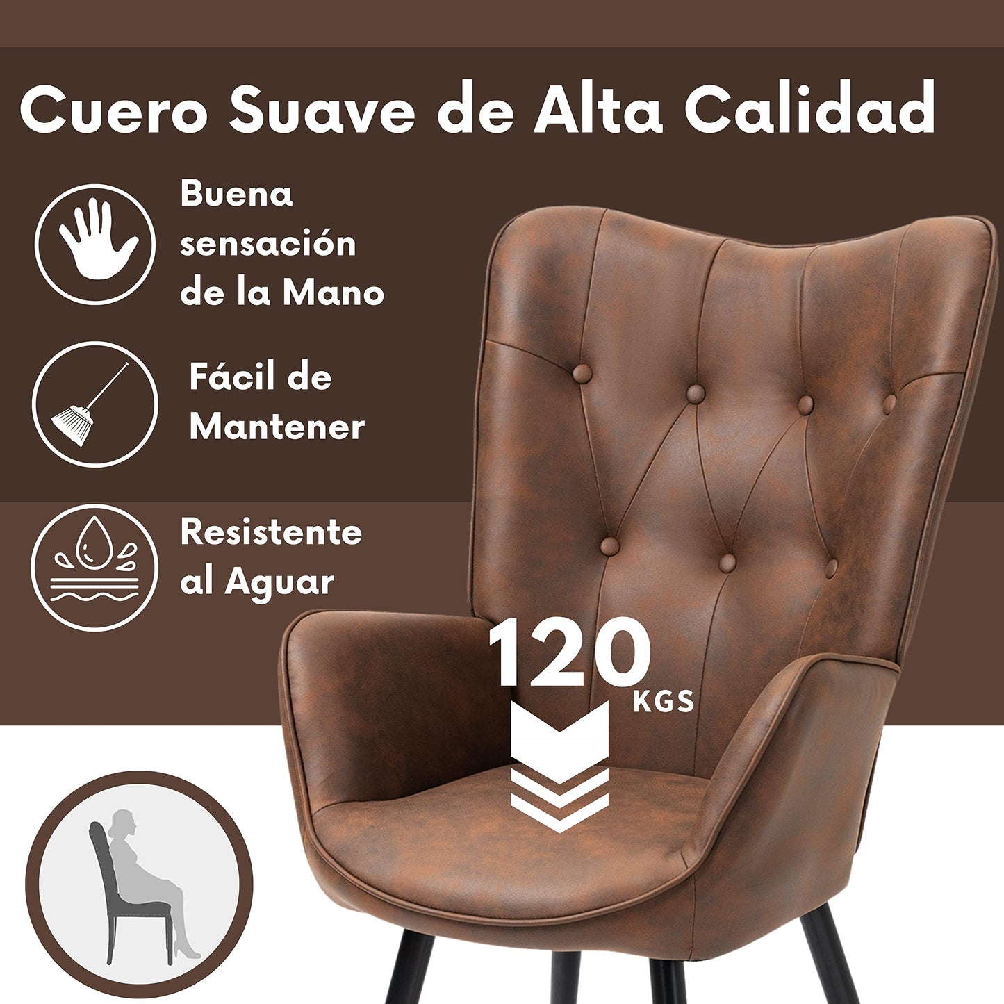Sillón de Piel Sintética Tapizado Sillón de Cuero Individuales Marron