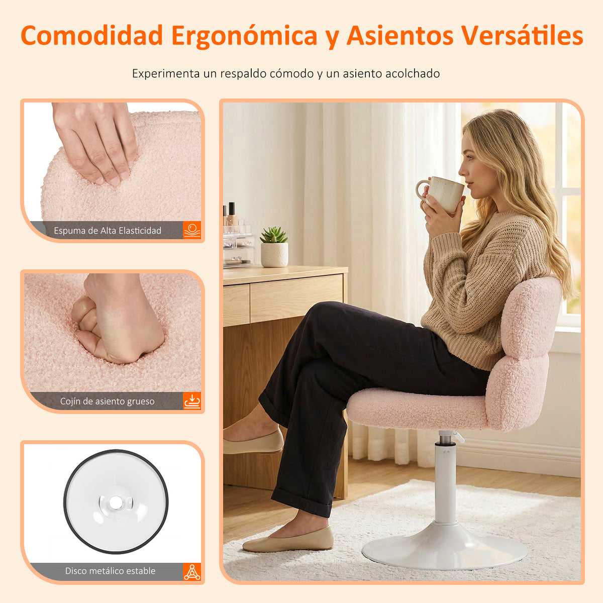Silla Giratoria Ajustable para Bar y Tocador Rosa