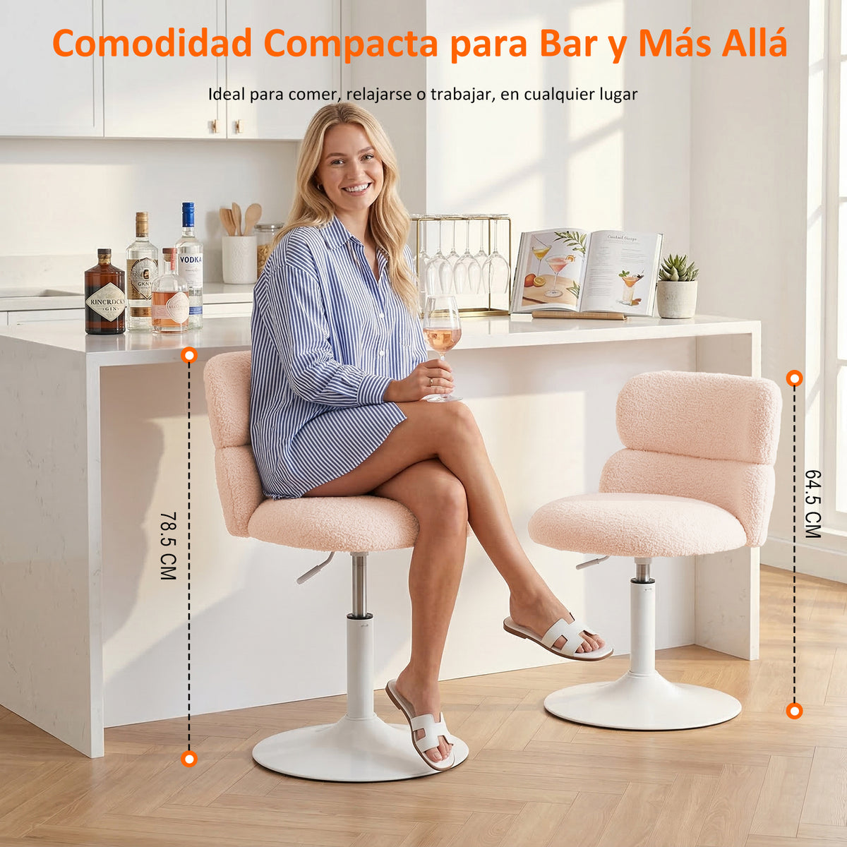 Silla Giratoria Ajustable para Bar y Tocador Rosa