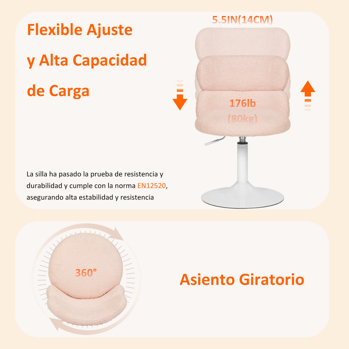 Silla Giratoria Ajustable para Bar y Tocador Rosa