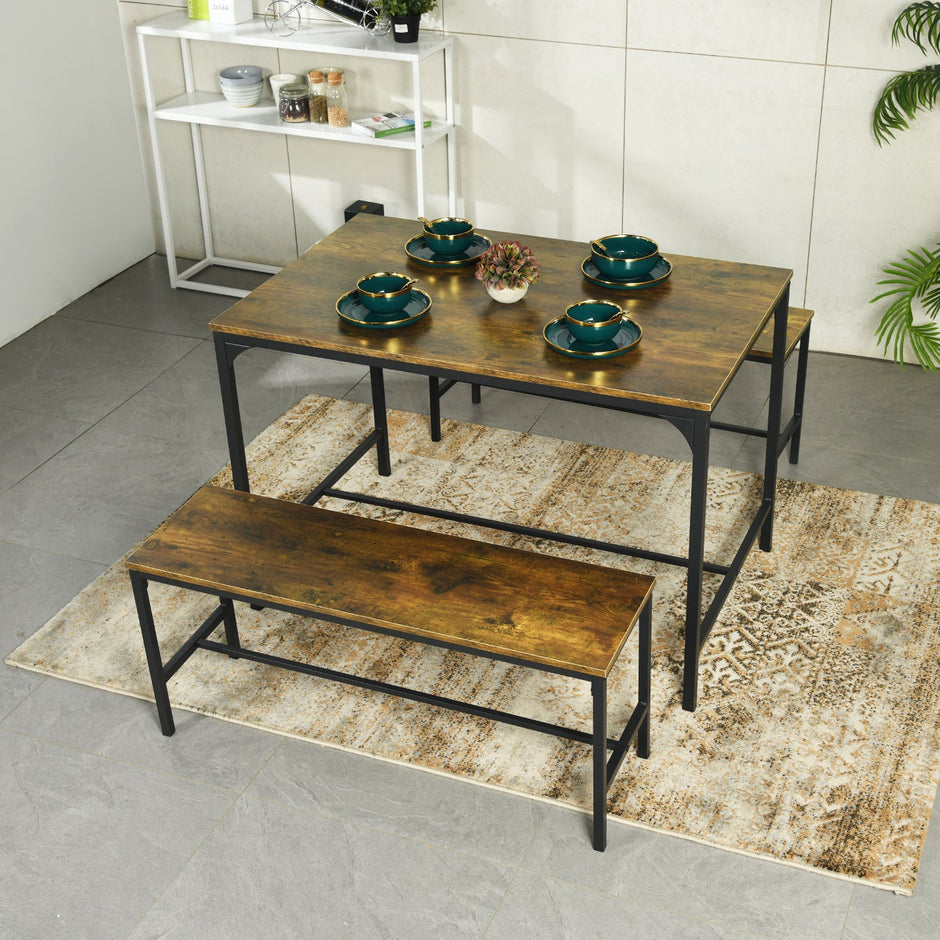 [2bancos+Mesa]Juego de mesa de comedor Marron de 110 cm con 2 bancos Lomaner