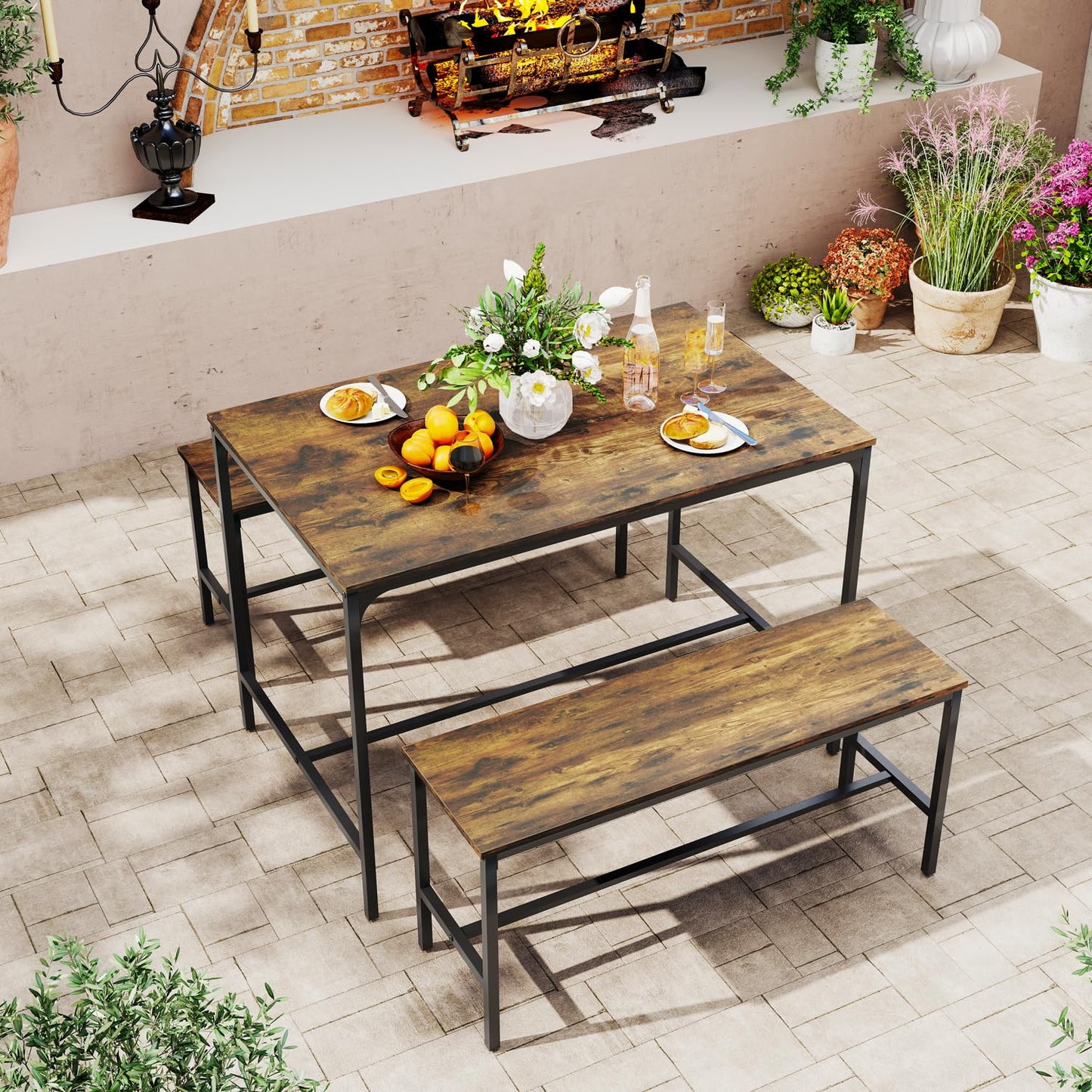 [2bancos+Mesa]Juego de mesa de comedor Marron de 110 cm con 2 bancos Lomaner