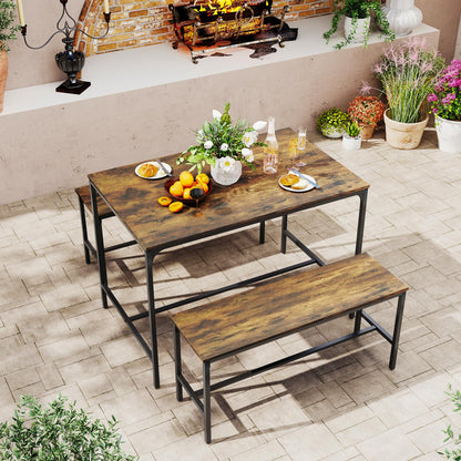 [2bancos+Mesa]Juego de mesa de comedor Marron de 110 cm con 2 bancos Lomaner