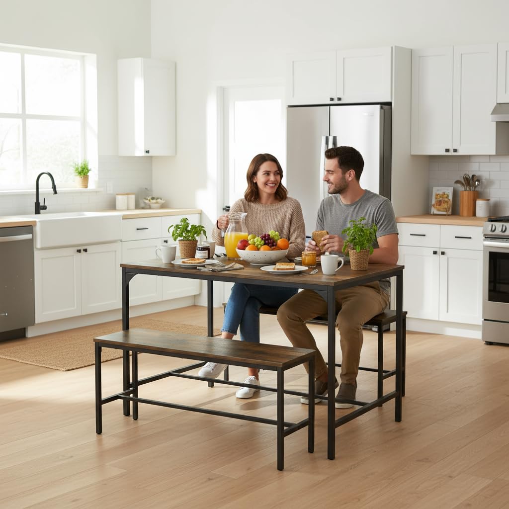 [2bancos+Mesa]Juego de mesa de comedor Marron de 110 cm con 2 bancos Lomaner